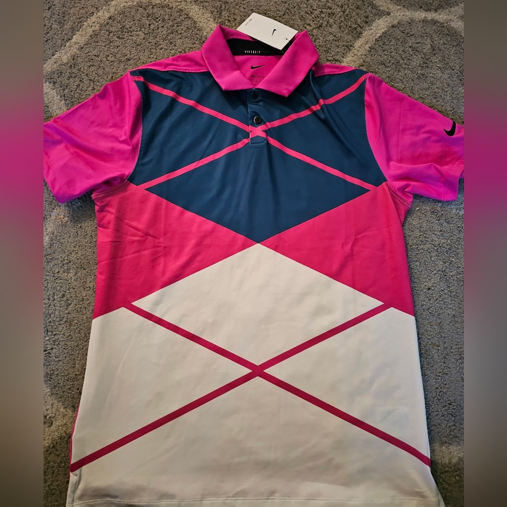Nike Dri-FIT Vapor Argyle  Men's Small Pink Blue Golf Polo Shirt DH0609-621